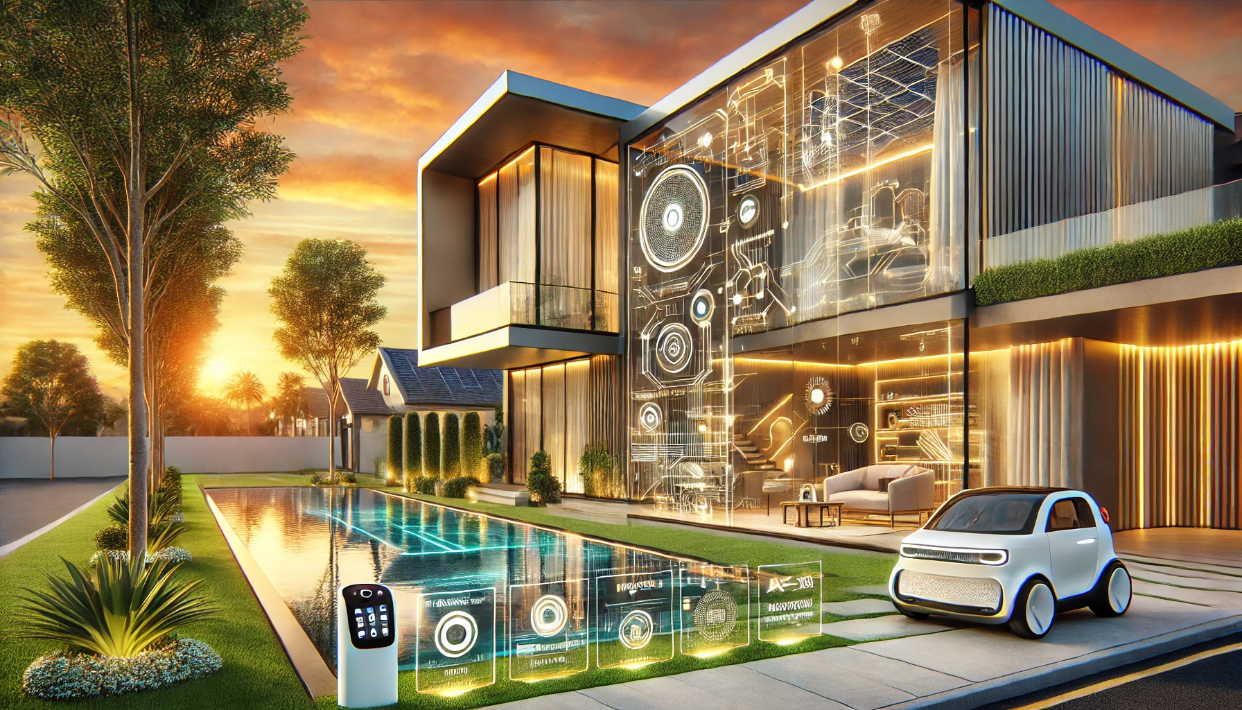 A high-resolution digital illustration of a smart luxury home featuring modern architecture, an infinity pool, sleek glass walls, and advanced smart home technology. The futuristic design includes eco-friendly solar panels, automated lighting, and a luxurious ambiance in a high-end neighborhood.